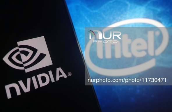 The logos of Nvidia and Intel are seen in Hangzhou, China, on November 2, 2024. 