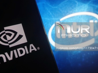 The logos of Nvidia and Intel are seen in Hangzhou, China, on November 2, 2024. (