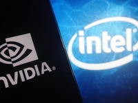 The logos of Nvidia and Intel are seen in Hangzhou, China, on November 2, 2024. (