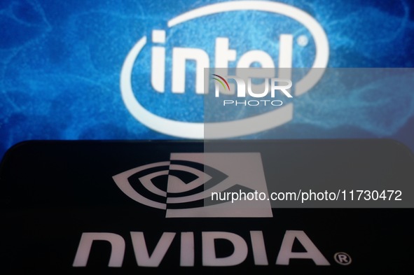 The logos of Nvidia and Intel are seen in Hangzhou, China, on November 2, 2024. 