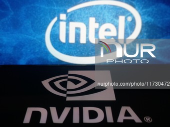 The logos of Nvidia and Intel are seen in Hangzhou, China, on November 2, 2024. (