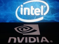 The logos of Nvidia and Intel are seen in Hangzhou, China, on November 2, 2024. (