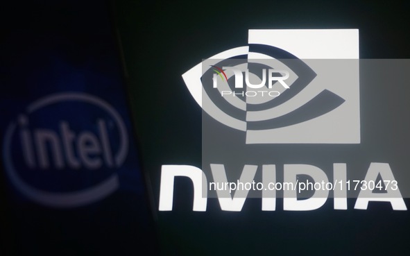 The logos of Nvidia and Intel are seen in Hangzhou, China, on November 2, 2024. 