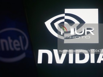 The logos of Nvidia and Intel are seen in Hangzhou, China, on November 2, 2024. (