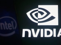 The logos of Nvidia and Intel are seen in Hangzhou, China, on November 2, 2024. (