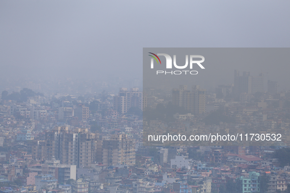 A layer of polluted haze shrouds the atmosphere of Kathmandu Valley as the Air Quality Index (AQI) dips in Kathmandu, Nepal, on November 2,...