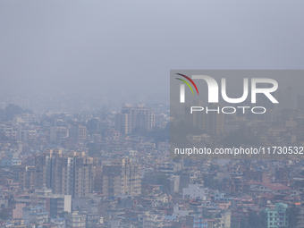 A layer of polluted haze shrouds the atmosphere of Kathmandu Valley as the Air Quality Index (AQI) dips in Kathmandu, Nepal, on November 2,...