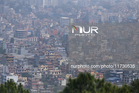 A layer of polluted haze shrouds the atmosphere of Kathmandu Valley as the Air Quality Index (AQI) dips in Kathmandu, Nepal, on November 2,...