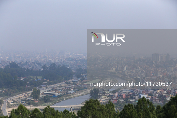 A layer of polluted haze shrouds the atmosphere of Kathmandu Valley as the Air Quality Index (AQI) dips in Kathmandu, Nepal, on November 2,...