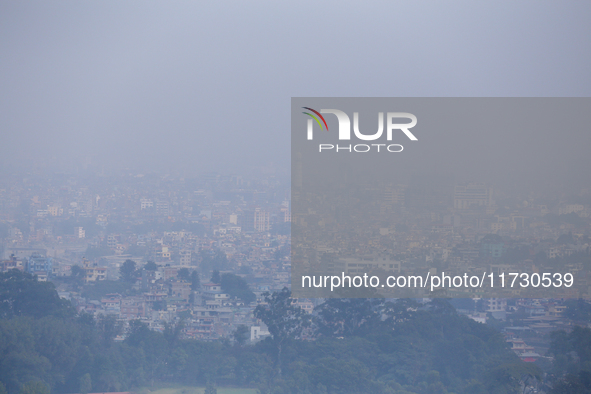 A layer of polluted haze shrouds the atmosphere of Kathmandu Valley as the Air Quality Index (AQI) dips in Kathmandu, Nepal, on November 2,...