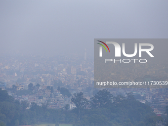 A layer of polluted haze shrouds the atmosphere of Kathmandu Valley as the Air Quality Index (AQI) dips in Kathmandu, Nepal, on November 2,...