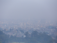 A layer of polluted haze shrouds the atmosphere of Kathmandu Valley as the Air Quality Index (AQI) dips in Kathmandu, Nepal, on November 2,...