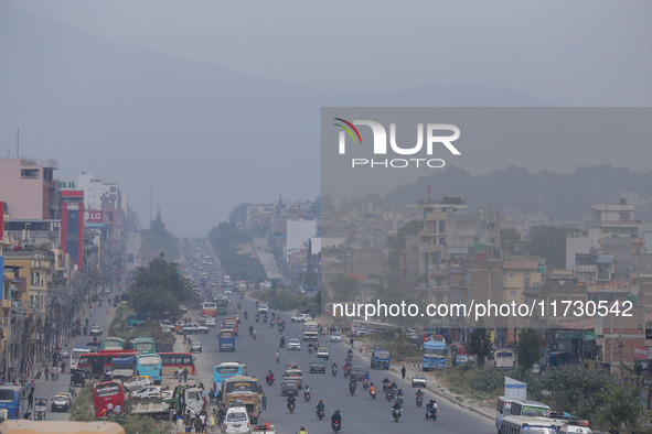 A layer of polluted haze shrouds the atmosphere of Kathmandu Valley as the Air Quality Index (AQI) dips in Kathmandu, Nepal, on November 2,...