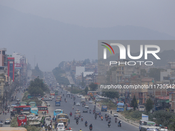 A layer of polluted haze shrouds the atmosphere of Kathmandu Valley as the Air Quality Index (AQI) dips in Kathmandu, Nepal, on November 2,...