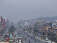 A layer of polluted haze shrouds the atmosphere of Kathmandu Valley as the Air Quality Index (AQI) dips in Kathmandu, Nepal, on November 2,...