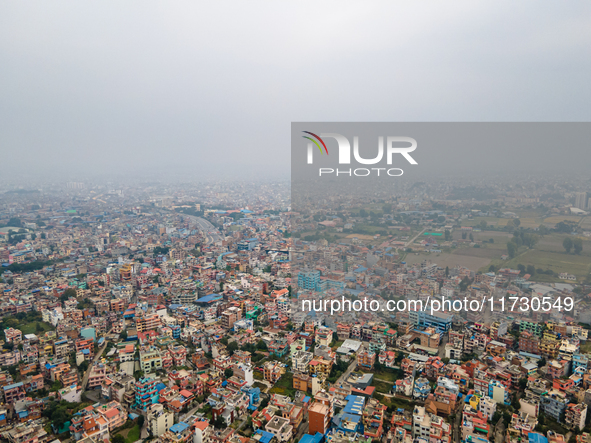 The aerial view shows that the air pollution level increases significantly in Kathmandu Valley, Nepal, on November 2, 2024. 