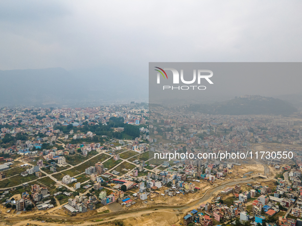 The aerial view shows that the air pollution level increases significantly in Kathmandu Valley, Nepal, on November 2, 2024. 