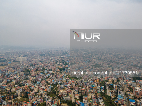 The aerial view shows that the air pollution level increases significantly in Kathmandu Valley, Nepal, on November 2, 2024. 