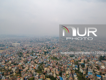 The aerial view shows that the air pollution level increases significantly in Kathmandu Valley, Nepal, on November 2, 2024. (