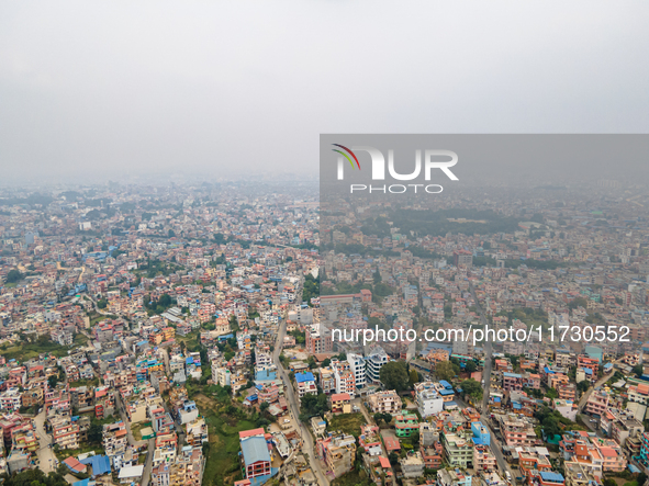 The aerial view shows that the air pollution level increases significantly in Kathmandu Valley, Nepal, on November 2, 2024. 