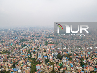 The aerial view shows that the air pollution level increases significantly in Kathmandu Valley, Nepal, on November 2, 2024. (