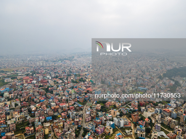 The aerial view shows that the air pollution level increases significantly in Kathmandu Valley, Nepal, on November 2, 2024. 