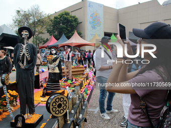 A woman takes a photo of a Day of the Dead offering during the Twenty-seventh edition of the University Day of the Dead Festival ''Mega Ofre...