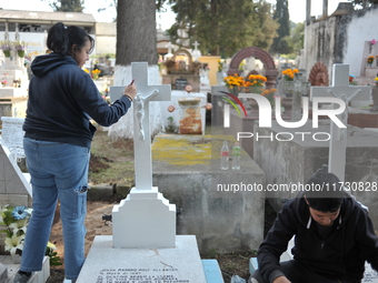 Relatives decorate the graves of their loved ones with cempasuchil flowers and hold a vigil at the Municipal Cemetery of Amealco de Bonfil....