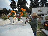 A person decorates the graves of his loved ones with cempasuchil flowers and holds a vigil at the Municipal Cemetery of Amealco de Bonfil. A...