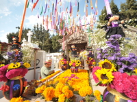 A person decorates the graves of her loved ones with cempasuchil flowers and holds a vigil at the Municipal Cemetery of Amealco de Bonfil. A...