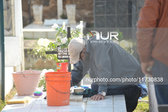 A person decorates the graves of his loved ones with cempasuchil flowers and holds a vigil at the Municipal Cemetery of Amealco de Bonfil. A...