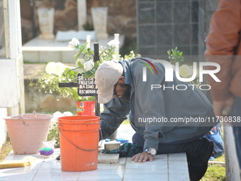 A person decorates the graves of his loved ones with cempasuchil flowers and holds a vigil at the Municipal Cemetery of Amealco de Bonfil. A...