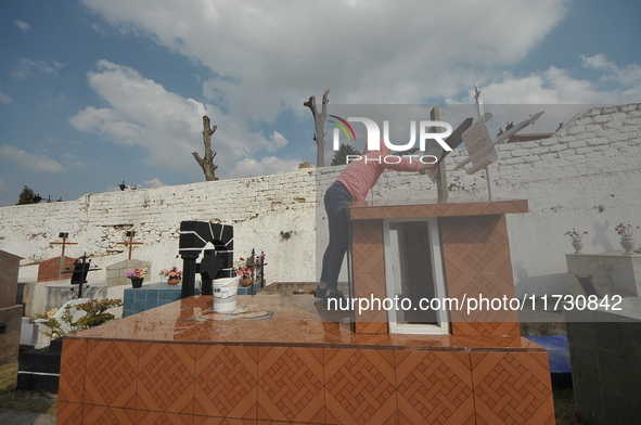 A person decorates the graves of her loved ones with cempasuchil flowers and holds a vigil at the Municipal Cemetery of Amealco de Bonfil. A...