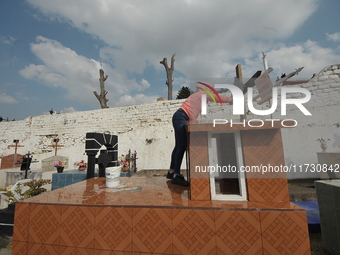 A person decorates the graves of her loved ones with cempasuchil flowers and holds a vigil at the Municipal Cemetery of Amealco de Bonfil. A...