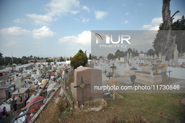 Relatives decorate the graves of their loved ones with cempasuchil flowers and hold a vigil at the Municipal Cemetery of Amealco de Bonfil....