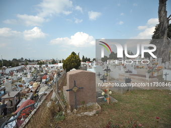 Relatives decorate the graves of their loved ones with cempasuchil flowers and hold a vigil at the Municipal Cemetery of Amealco de Bonfil....