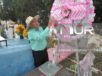 A person decorates the graves of his loved ones with cempasuchil flowers and holds a vigil at the Municipal Cemetery of Amealco de Bonfil. A...