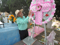 A person decorates the graves of his loved ones with cempasuchil flowers and holds a vigil at the Municipal Cemetery of Amealco de Bonfil. A...