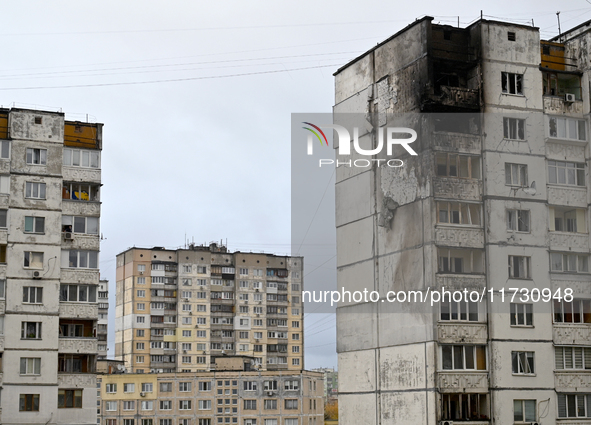 Apartments on the top two floors of a 16-storey residential building in the Sviatoshynskyi district are damaged by a fire caused by falling...