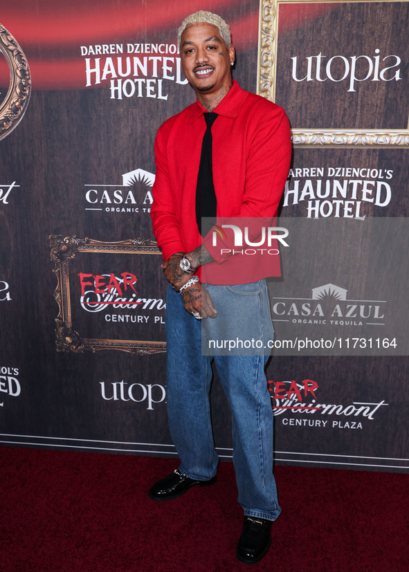 Alexander Edwards arrives at Darren Dzienciol's Haunted Hotel Halloween Party 2024 presented by UTOPIA and Casa Azul Organic Tequila held at...