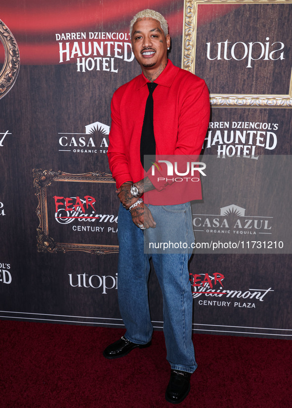 Alexander Edwards arrives at Darren Dzienciol's Haunted Hotel Halloween Party 2024 presented by UTOPIA and Casa Azul Organic Tequila held at...