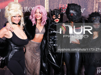 Sara Sampaio, Georgie Flores, Juliana Herz, Val Novak and Emma Lindsey arrive at Darren Dzienciol's Haunted Hotel Halloween Party 2024 prese...