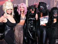 Sara Sampaio, Georgie Flores, Juliana Herz, Val Novak and Emma Lindsey arrive at Darren Dzienciol's Haunted Hotel Halloween Party 2024 prese...