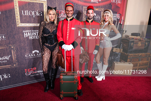 Jessica Thompson, Darren Dzienciol and Julia Shea Hamilton arrive at Darren Dzienciol's Haunted Hotel Halloween Party 2024 presented by UTOP...