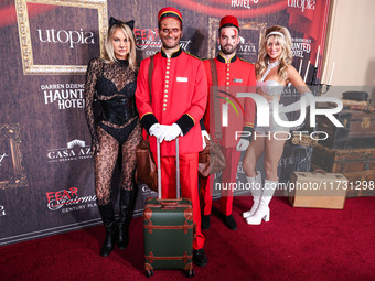 Jessica Thompson, Darren Dzienciol and Julia Shea Hamilton arrive at Darren Dzienciol's Haunted Hotel Halloween Party 2024 presented by UTOP...