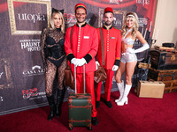 Jessica Thompson, Darren Dzienciol and Julia Shea Hamilton arrive at Darren Dzienciol's Haunted Hotel Halloween Party 2024 presented by UTOP...