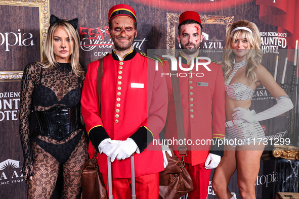 Jessica Thompson, Darren Dzienciol and Julia Shea Hamilton arrive at Darren Dzienciol's Haunted Hotel Halloween Party 2024 presented by UTOP...