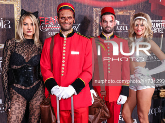 Jessica Thompson, Darren Dzienciol and Julia Shea Hamilton arrive at Darren Dzienciol's Haunted Hotel Halloween Party 2024 presented by UTOP...