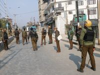 Indian police forces remain alert near the encounter site in Srinagar, Indian Administered Kashmir, on November 2, 2024. Three militants are...