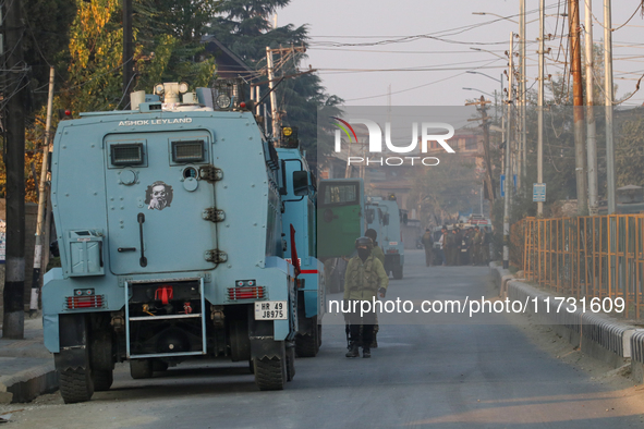 Indian paramilitary troopers remain alert near the encounter site in Srinagar, Indian Administered Kashmir, on November 2, 2024. Three milit...